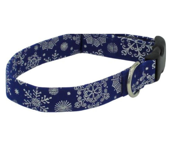 Christmas Silver Snowflakes on Blue Standard Dog Collar