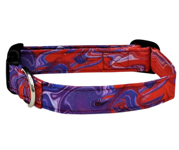 Red and Blue Oil Slick Fabric Dog Collar